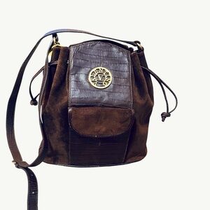 Valentino Garavani Vintage Brown Suede Croc-Embossed Bucket Bag